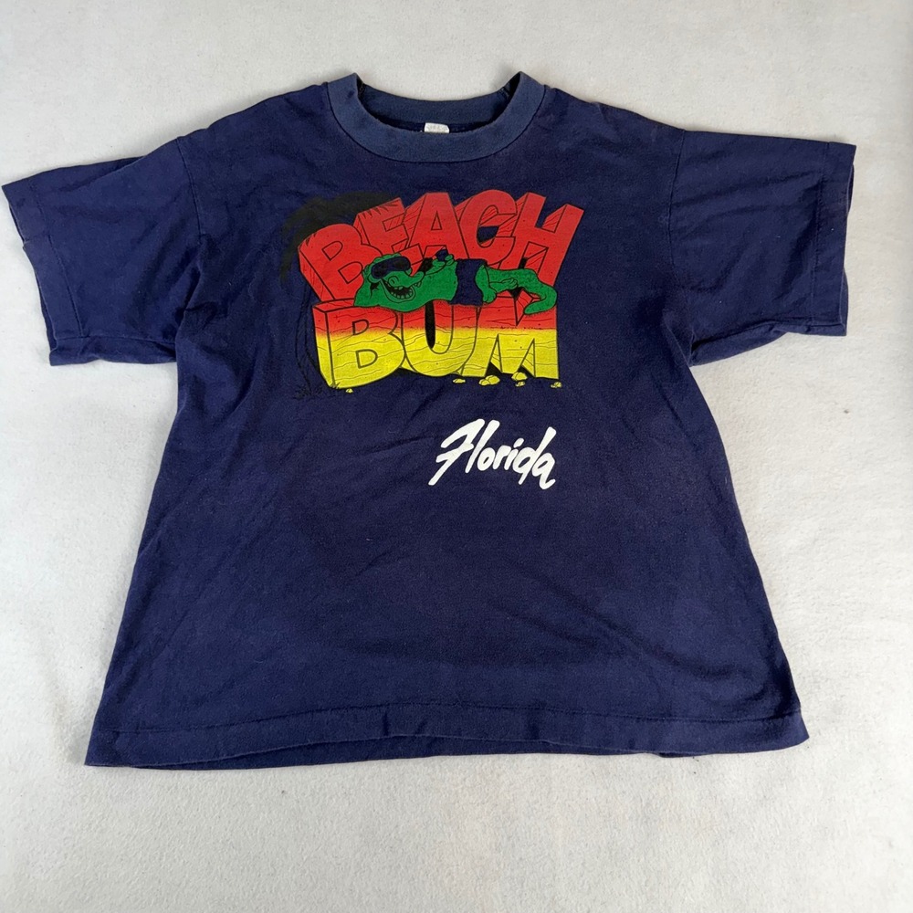 Vintage Screen Stars Beach Bum Florida Alligator Puff Print T-Shirt‎ Mens L Navy